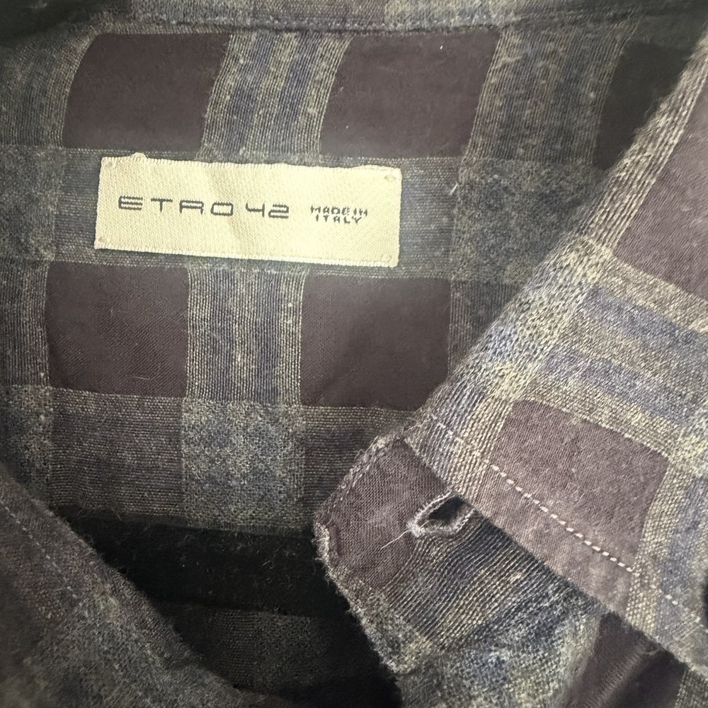 Etro Shirt Men's Large Cotton Wool Lyocell Cashmere Gray Black Plaid Button Down - Picture 2 of 8
